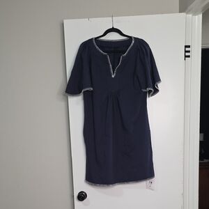 Elegant Navy Blue Dress with White Trim